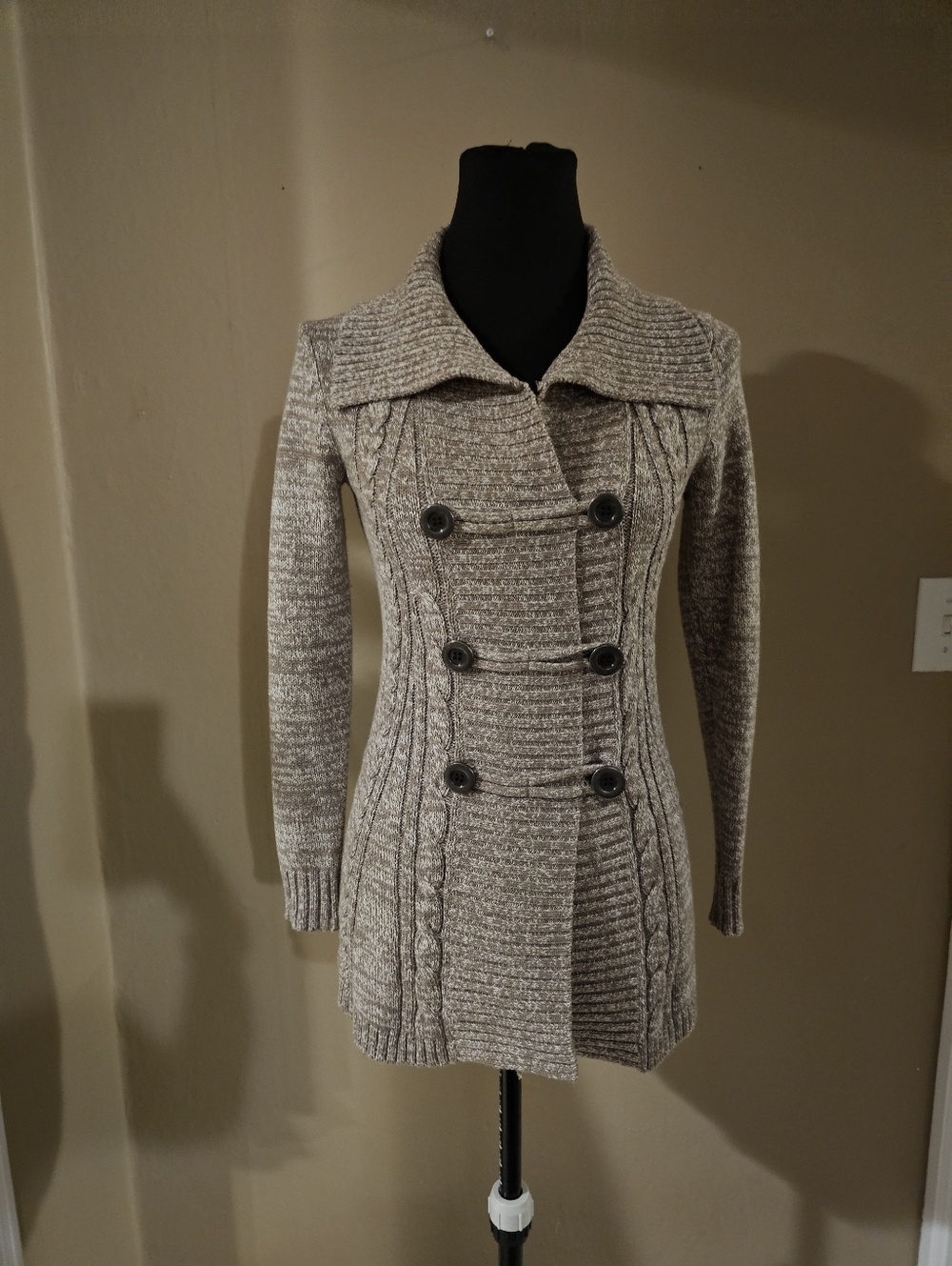 Style & Co Heathered Taupe Double-Breasted Cable Knit Cardigan New Without Tags